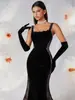 Vestido de noite de veludo preto com alça transfronteiriça para comércio exterior feminino, vestido longo de renda de luxo de alta qualidade para banquete, cerimônia de adultos