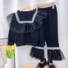 Conjunto de suéter para meninas Primavera e Outono novo suéter infantil rede vermelha calça flare conjunto de duas peças transfronteiriço renda casual wear moda