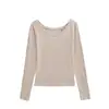 2617-26 Camiseta básica lisa de manga larga con cuello en V y hombros descubiertos, top de verano estilo coreano ajustado de un solo hombro