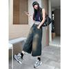 Shorts de mezclilla cropped de pierna ancha desgastados para mujer, Verano Nuevo estilo americano Cintura alta Sueltos Adelgazantes Versátiles Rectos Largo medio
