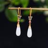 Joyería de plata esterlina chapada en oro estilo nacional, aretes largos de lazo, aretes cloisonné de jade Hetian para mujer