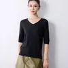 Venta al por mayor transfronteriza, top de punto de manga corta para mujer con cuello en V sin costuras de alta calidad, talla grande, adecuado para primavera y otoño, capa interior cálida, manga corta