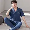 Pijama masculino verão algodão manga curta calça cardigã fino plus size solto masculino roupa de casa conjunto