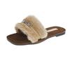 Sapatos Peludos Femininos para Uso Externo, Novidade Outono e Inverno 2024 Versátil Salto Grosso Bico Quadrado Strass Slip-On Chinelos de Algodão