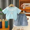 Camiseta de Manga Curta com Gola com Renda para Meninas 2026 Estilo Verão Conjunto Simples Casual de Duas Peças para Bebê Menina Venda por Atacado