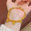Pulsera con Colgante de Planeta Pequeño del Dios de la Riqueza Amarillo, Joyería de Aleación de Cobre con Textura Martillada para Mujer, Nuevo Estilo Chino, Lujo Ligero de Nicho