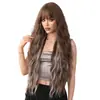 Peluca Larga de Cruzar la Frontera para Mujer, Marrón con Mechas Grises, Cabello Ondulado con Flequillo, Peluca de Fibra Sintética Resistente al Calor, 34 Pulgadas