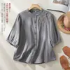 Camisa Bordada de Linho e Gaze Dupla Camada Verão Mãe Estilo Artístico Novo Cardigan Manga Curta Solto Meia-Manga Top Camisa Feminina
