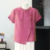 Ropa de Verano a la Moda para Madres de Mediana Edad, Blusa de Brocado Brillante Delgada de Manga Corta, Top Holgado de Verano para Mujeres de Mediana Edad y Mayores con Cuello Diagonal