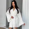 Roupão Macio Cruzado Europeu e Americano Tricô Jacquard Respirável Orelha Manga Longa Cardigan Camisola Casual Roupas de Casa Femininas