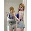 [Venta al por mayor transfronteriza] Pure Lust Sexy Azul Espalda Descubierta Chaleco Tirantes Verano Corto Ajustado Interior Top Chica Caliente