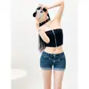 Shorts Jeans Retro Dobrado Cintura Baixa Feminino Verão Novo Elástico Slim Sexy Hot Girl Dobrado Strass Hot Pants
