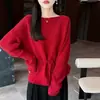 Suéter de Punto de Lana Pura Off-Shoulder Nuevo Invierno 2026 para Mujer, Manga Larga, Color Sólido, Suéter de Lana con Diseño de Corbata