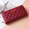 Bolsa com zíper longo bordada em losango, carteira de grande capacidade, porta-cartões PU, bolsa de armazenamento, clipe de dinheiro para celular com dente de cobre para mulheres
