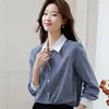Nueva camisa de contraste de color con rayas azules para mujer de principios de otoño de 2026, top de nicho estilo francés, camisa elegante de alta gama para mujeres petite