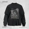 Estampa criativa borrada, camiseta de manga comprida com efeito de duas peças, estilo masculino primavera/outono, corte solto, streetwear, acabamento lavado e desgastado, top de gola redonda