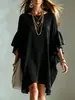 Vestido Minimalista Negro de Gasa 2026 con Mangas Volantes, Corte Holgado, Favorecedor, Vestido de Vacaciones Casual y Relajado