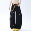 Jeans negros estilo americano para mujer talla grande con bordado de cachorro, nueva colección de primavera, cintura alta, corte holgado y diseño de pierna ancha