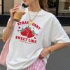 Camiseta de Verano Nueva de Exportación Transfronteriza Europea y Americana de Cuello Redondo y Manga Corta con Estampado de Patrón de Letras de Fresa para Mujer