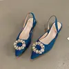 Sandalias de Verano para Mujer de Punta Fina, Moda Nueva, Mules con Perlas y Pedrería, Sandalias de Punta Cerrada con Tacón Grueso de Terciopelo
