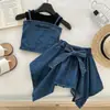 Conjunto de Verão para Meninas 2026 Novo Top Regata Jeans com Alça Saia Curta Assimétrica Conjunto Casual de Três Peças para Meninas