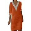 Amazon AliExpress Otoño Europeo y Americano Algodón y Lino Cuello en V Pequeño Puntada de Encaje Color Sólido Retro Manga de Siete Puntos Vestido para Mujer