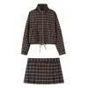 Roupas de comércio exterior femininas 2026 Moda Europeia e Americana Casual Solta Jaqueta Xadrez com Zíper + Conjunto de Saia e Calça para Mulheres E26472/73