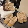 Couro Genuíno Pelo de Coelho Solado Grosso Sapatos Peludos Femininos Com Veludo Quente Slip-on Birkenstock Chinelos de Algodão Mules Mary Janes