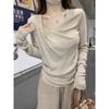 Suéter de Punto Color Rosa Dopamina con Cuello de Solapa Larga para Mujer Otoño Temprano Sexy Asimétrico Delgado Capa Base Camisa Top