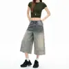 Yechuan # Pantalones Cortos de Mezclilla Desgastados Estilo Retro Americano, Nuevos de Primavera/Verano de Cintura Alta Rectos Sueltos de Pierna Ancha de Longitud Media.