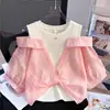 Camisa Suelta Elegante para Niñas 2026 Nuevo Modelo para Niños Mayores, Camiseta Elegante de Hombros Descubiertos, Camiseta Falsa de Dos Piezas