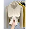 Camiseta de Manga Longa com Gola Meio Alta Afunilada na Cintura Estilo Hot Girl para Mulheres no Outono e Inverno Top Jaqueta Camada Interna Quente com Zíper Duplo Veludo Alemão