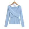 2561-25 Novo Estilo Outono Amarração Gola Halter Manga Longa Malha Fina Francesa Puro Brilho Sexy Cruzamento em V
