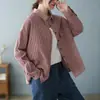 Camisa de Algodão Xadrez com Lapela de Manga Longa para Mulheres, Corte Solto, Novo Estilo Primavera 2026, Blusa Casual Artística para Mulheres, Tendência