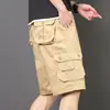 Calça Casual de Verão com Estampa de Lobo do Norte, Comprimento Médio, Bolsos Múltiplos, Algodão Puro Lavado, Cinco