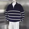 Venta directa de fábrica, nueva y moderna camiseta Polo a rayas de manga larga para hombre para primavera y otoño, suéter retro americano holgado con media cremallera