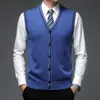 Colete de Lã Outono e Inverno Masculino Meia-Idade Gola V Cardigã Tricotado Pura Caxemira Base Camisa Suéter de Pai