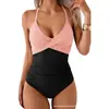 Traje de baño de una pieza para mujer para comercio exterior transfronterizo, estilo europeo y americano, ajustado, con tiras cruzadas, superventas de Amazon, bikini con bloques de color