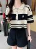 Camiseta polo de punto para mujer, diseño de manga corta, con rayas en los hombros, solapa hueca, top corto de seda de hielo de verano