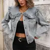 Comercio Exterior Transfronterizo Europeo y Americano Primavera Nueva Amazon Chaqueta Vaquera Reductora de Edad con Cuello de Muñeca Fruncido Chaqueta Jacquard Corta para Mujer