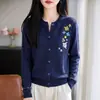Cárdigan de Punto para Mujer, Nuevo Estilo Otoño/Invierno, Abrigo Bordado Floral de Cuello Redondo, Suéter Elegante de Manga Larga, Top Base de Canalé