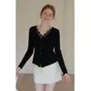Suéter de Punto Delgado con Solapa y Ribete de Encaje Estilo Francés para Mujer, Elegante Top Adelgazante Falso de Dos Piezas para Principios de Primavera