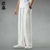 Calças de Linho Estilo Chinês Masculinas de Verão Finas de Algodão e Linho Perna Larga Calças Masculinas Retrô Estilo Chinês Calças Retas Largas