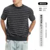 Camiseta de punto a rayas de manga corta para hombre, verano, cuello redondo, bloque de color, top, camisa de punto casual de negocios para hombre