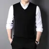 Colete de Lã Masculino Outono e Inverno, Colete Tricotado Pulôver Gola V Tamanho Grande para Meia-Idade, Suéter Casual de Lã Sem Mangas