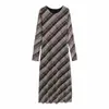 Vestido Longo de Renda de Seda Xadrez Vintage Feminino 2025 Novo Elegante Alta Qualidade Spice Girl Gola Redonda Slim Fit Vestido de Quadril
