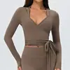 Top de yoga corto transfronterizo para mujer con tiras, cuello en V, corte ajustado, camiseta de fitness, entrenamiento de Pilates, manga larga para deportes de carrera