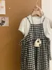 Conjunto de Tres Piezas para Niñas de Verano Nuevo Estilo Coreano Color Sólido Manga Corta Moda Cuadros Tirantes Vestido Pantalones Largos Casual Versátil Tendencia