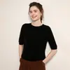 Suéter premium de cashmere sem costura para mulheres, camisa base tricotada, gola redonda, mangas curtas, corte solto, afina a silhueta, top de camada interna