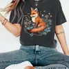 Camiseta Casual de Manga Corta para Mujer - Estampado Animal Floral de Zorro, Top Suave Elástico de Cuello Redondo, Lavable a Máquina